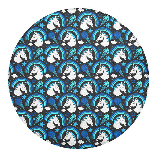 Blue Rainbow Unicorn Pattern Print Round Blanket