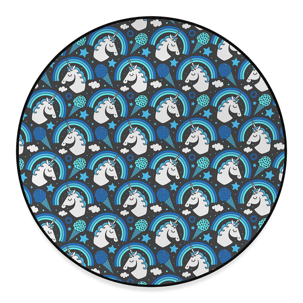 Blue Rainbow Unicorn Pattern Print Round Floor Mat