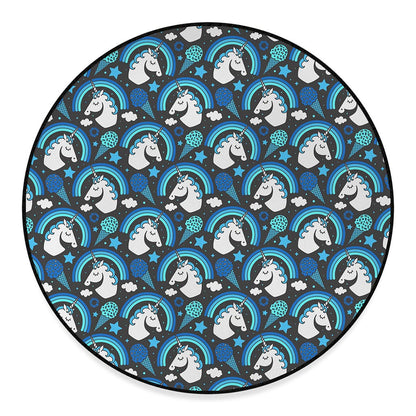 Blue Rainbow Unicorn Pattern Print Round Floor Mat