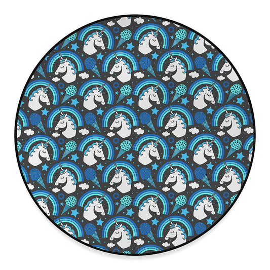 Blue Rainbow Unicorn Pattern Print Round Floor Mat