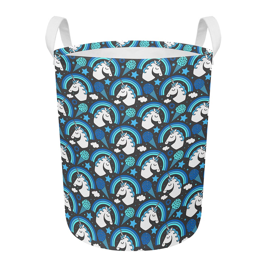 Blue Rainbow Unicorn Pattern Print Round Laundry Basket