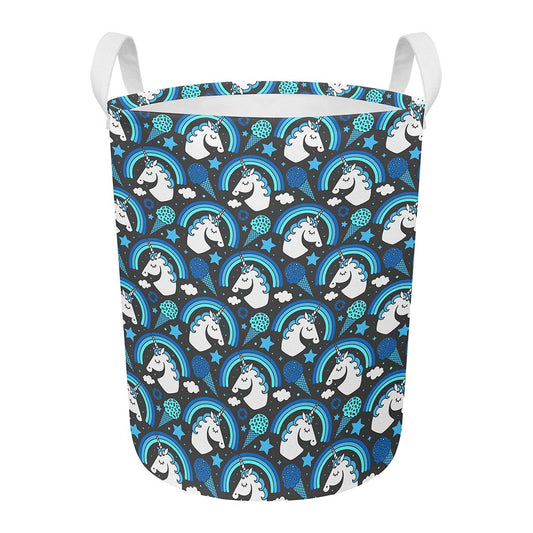 Blue Rainbow Unicorn Pattern Print Round Laundry Basket