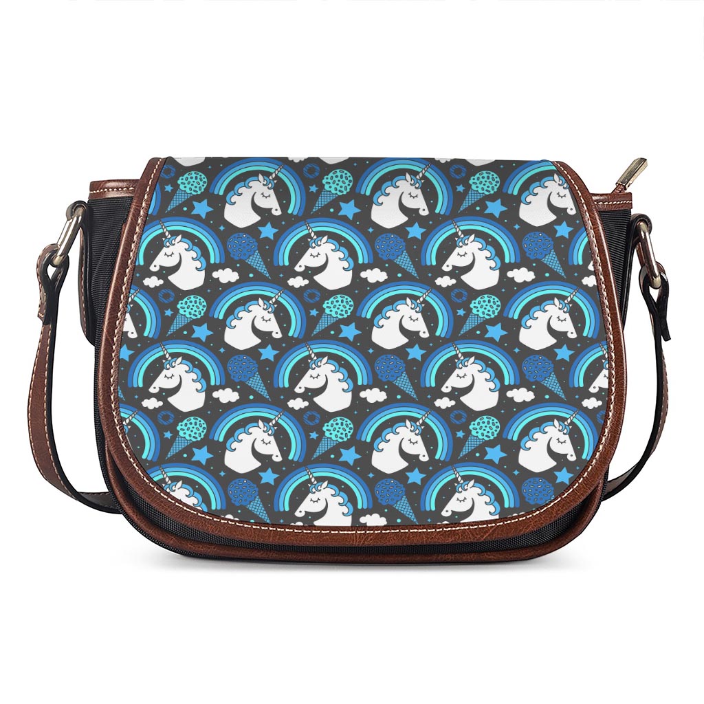 Blue Rainbow Unicorn Pattern Print Saddle Bag