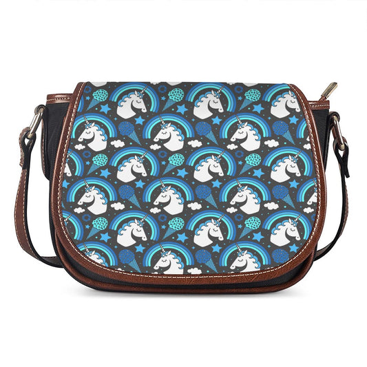 Blue Rainbow Unicorn Pattern Print Saddle Bag