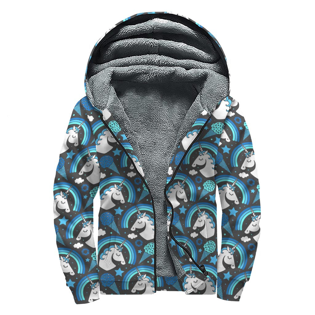 Blue Rainbow Unicorn Pattern Print Sherpa Lined Zip Up Hoodie