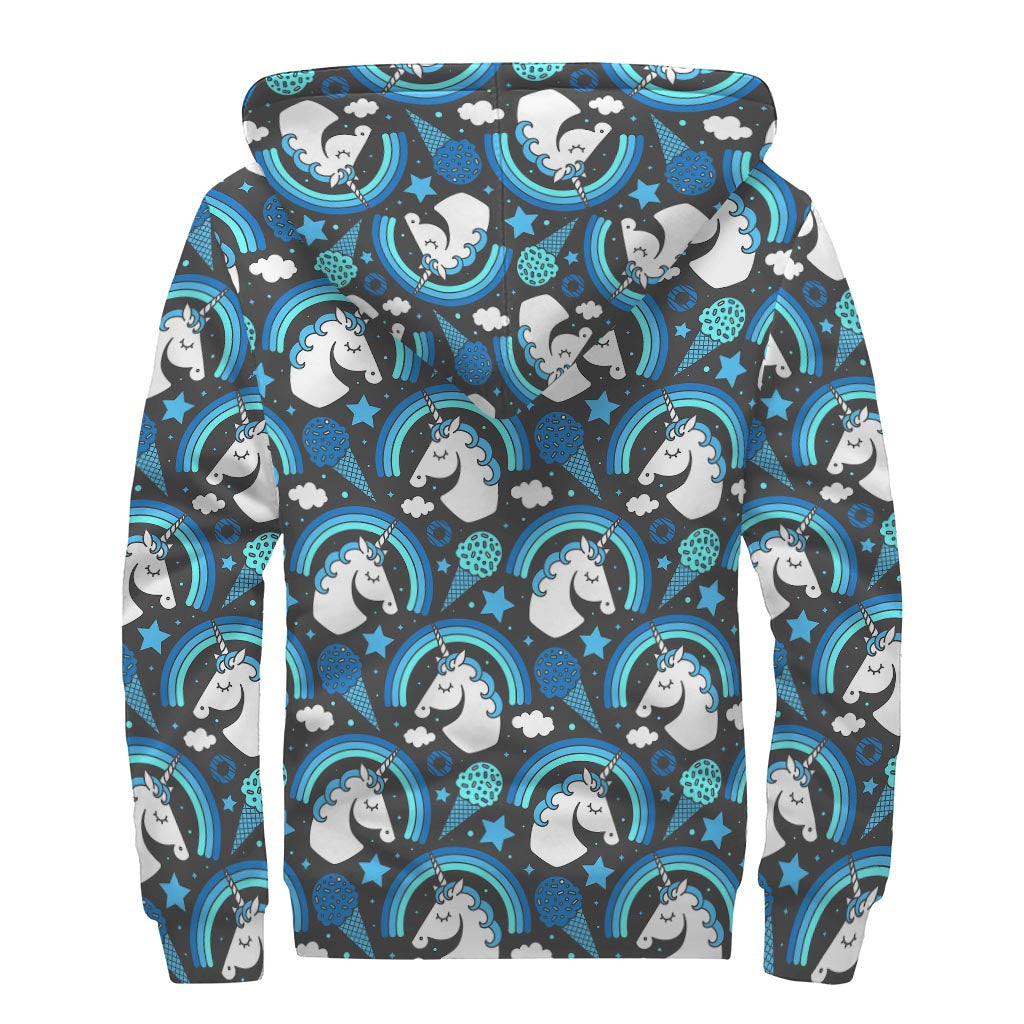 Blue Rainbow Unicorn Pattern Print Sherpa Lined Zip Up Hoodie