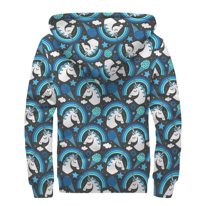 Blue Rainbow Unicorn Pattern Print Sherpa Lined Zip Up Hoodie
