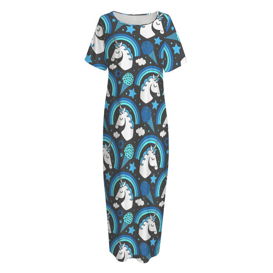Blue Rainbow Unicorn Pattern Print Short Sleeve Long Nightdress