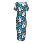 Blue Rainbow Unicorn Pattern Print Short Sleeve Long Nightdress