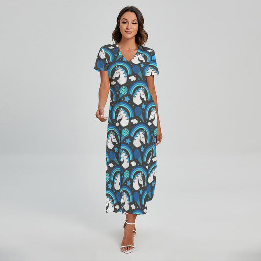 Blue Rainbow Unicorn Pattern Print Short Sleeve Maxi Dress