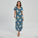 Blue Rainbow Unicorn Pattern Print Short Sleeve Maxi Dress