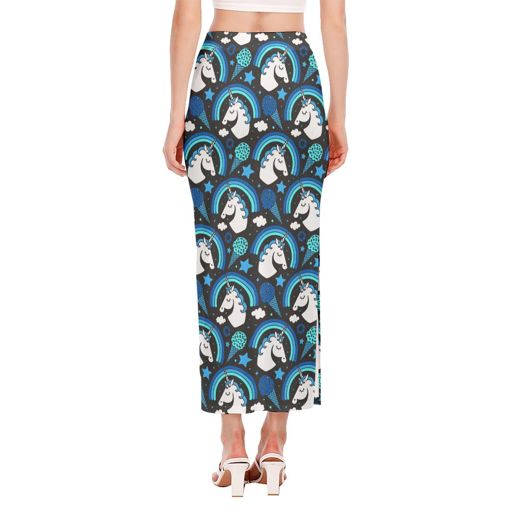 Blue Rainbow Unicorn Pattern Print Side Slit Maxi Skirt