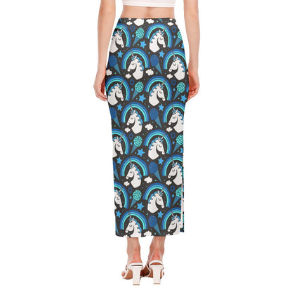 Blue Rainbow Unicorn Pattern Print Side Slit Maxi Skirt