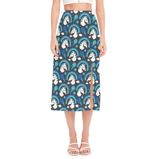 Blue Rainbow Unicorn Pattern Print Side Slit Midi Skirt