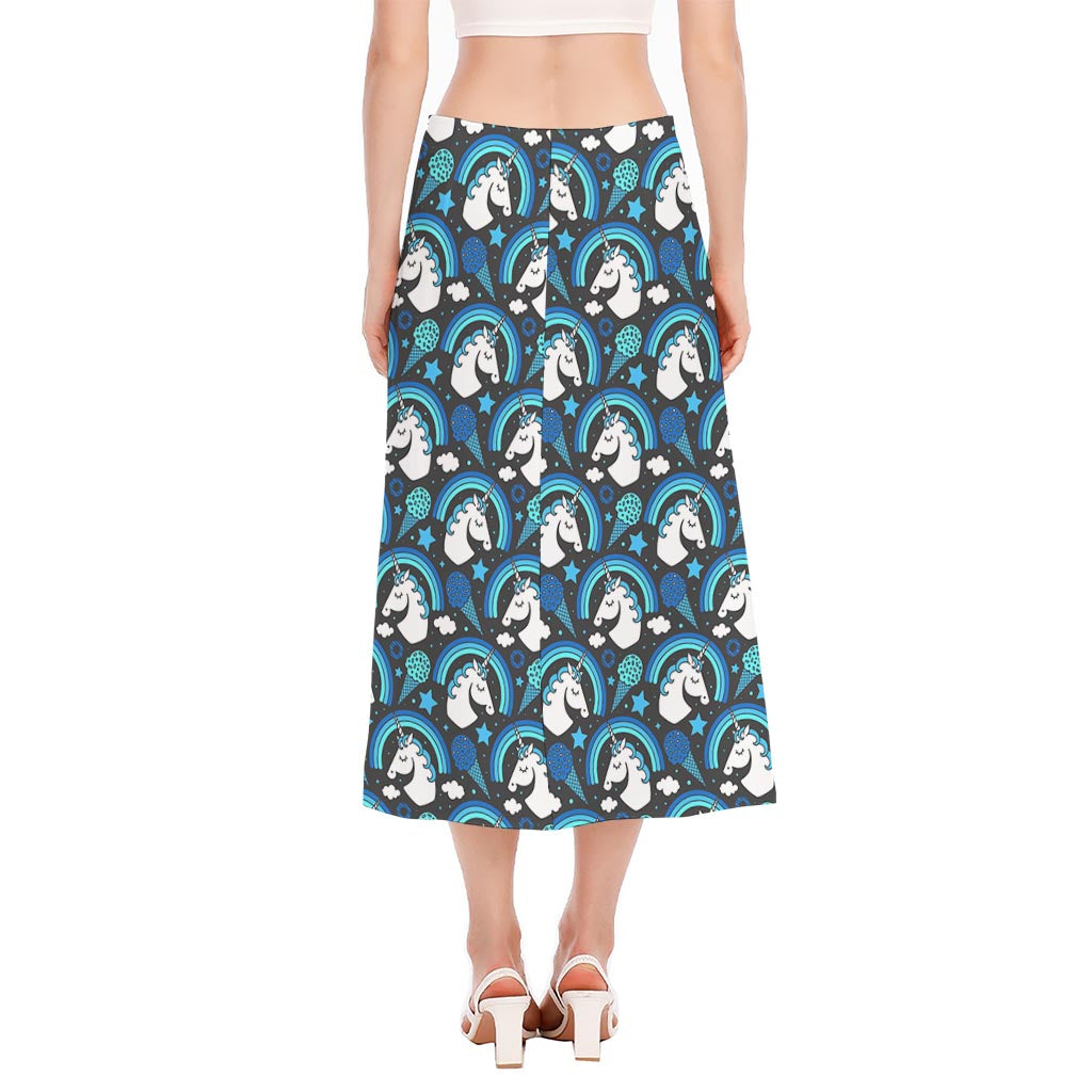 Blue Rainbow Unicorn Pattern Print Side Slit Midi Skirt