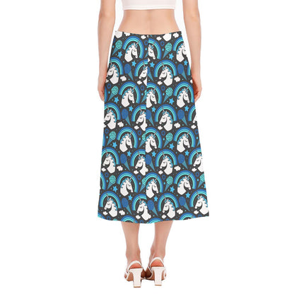 Blue Rainbow Unicorn Pattern Print Side Slit Midi Skirt
