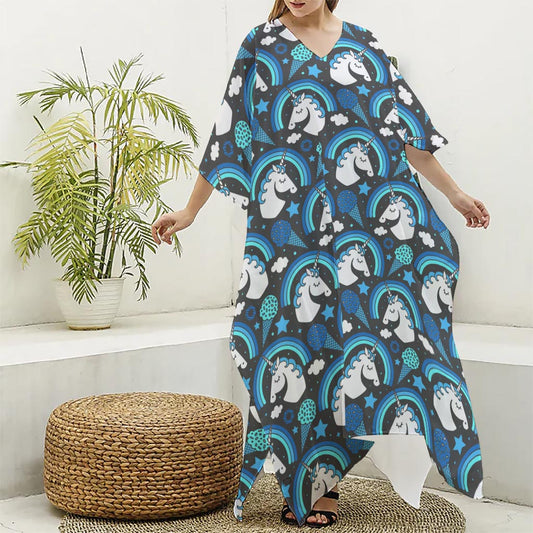 Blue Rainbow Unicorn Pattern Print Silk V-Neck Kaftan Dress