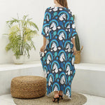 Blue Rainbow Unicorn Pattern Print Silk V-Neck Kaftan Dress