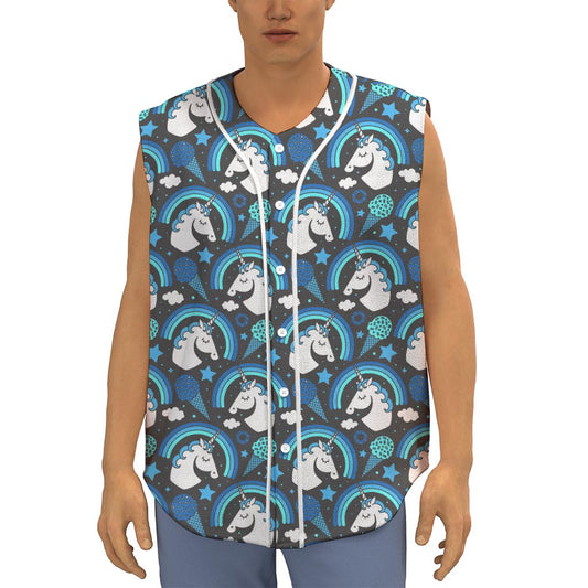 Blue Rainbow Unicorn Pattern Print Sleeveless Baseball Jersey
