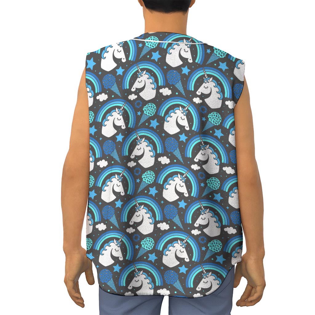Blue Rainbow Unicorn Pattern Print Sleeveless Baseball Jersey