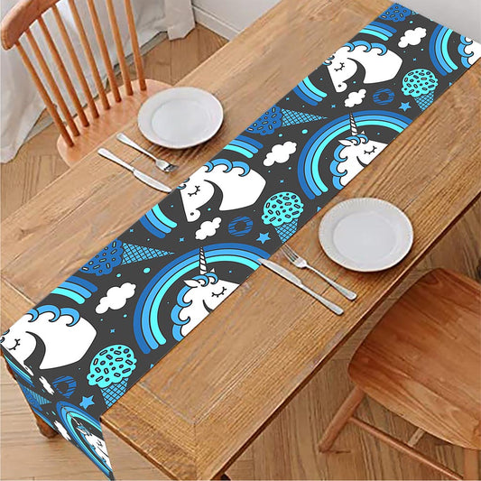 Blue Rainbow Unicorn Pattern Print Table Runner
