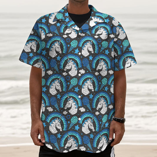 Blue Rainbow Unicorn Pattern Print Textured Short Sleeve Shirt