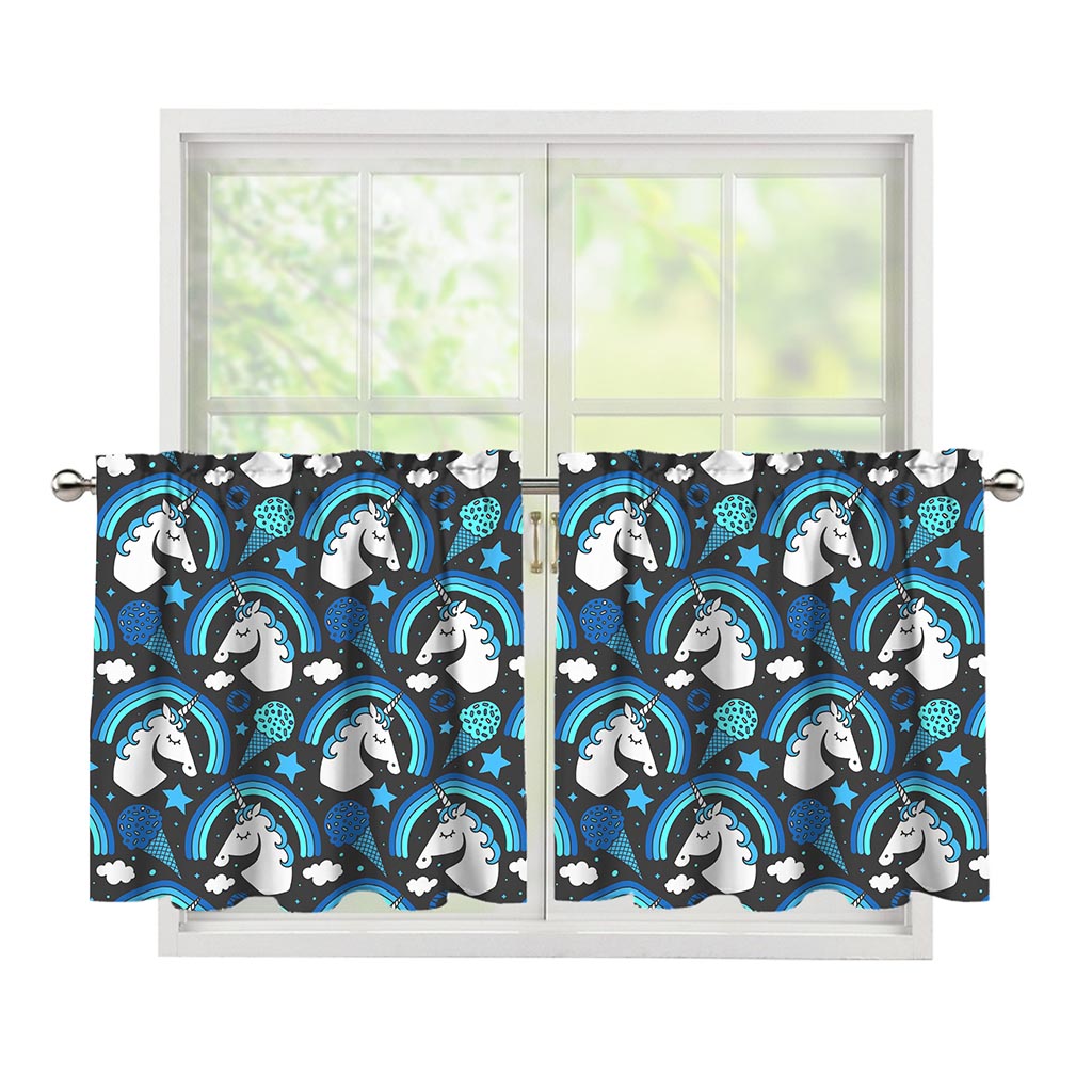 Blue Rainbow Unicorn Pattern Print Tier Curtains