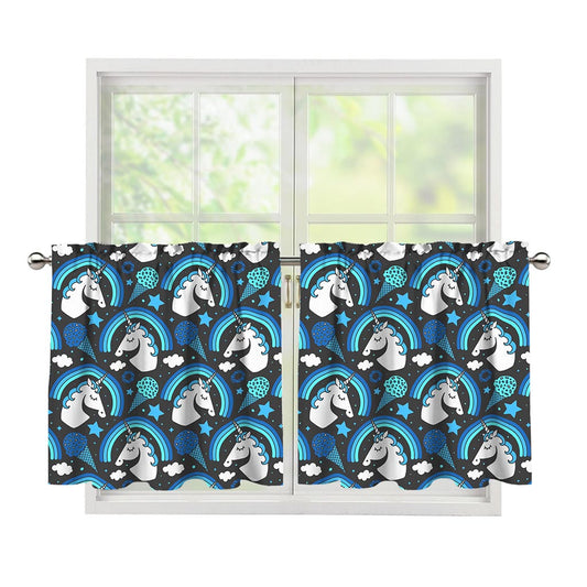 Blue Rainbow Unicorn Pattern Print Tier Curtains