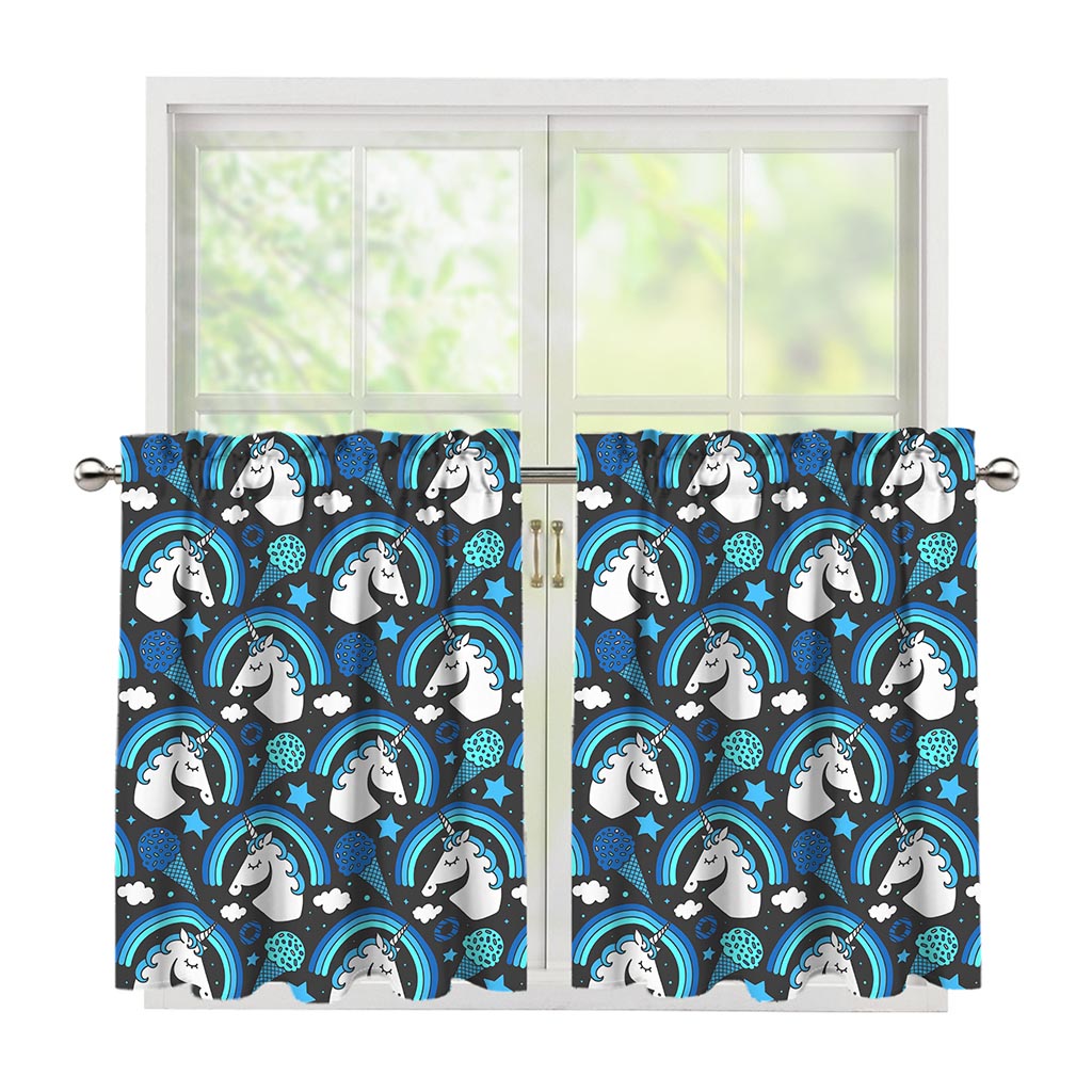 Blue Rainbow Unicorn Pattern Print Tier Curtains