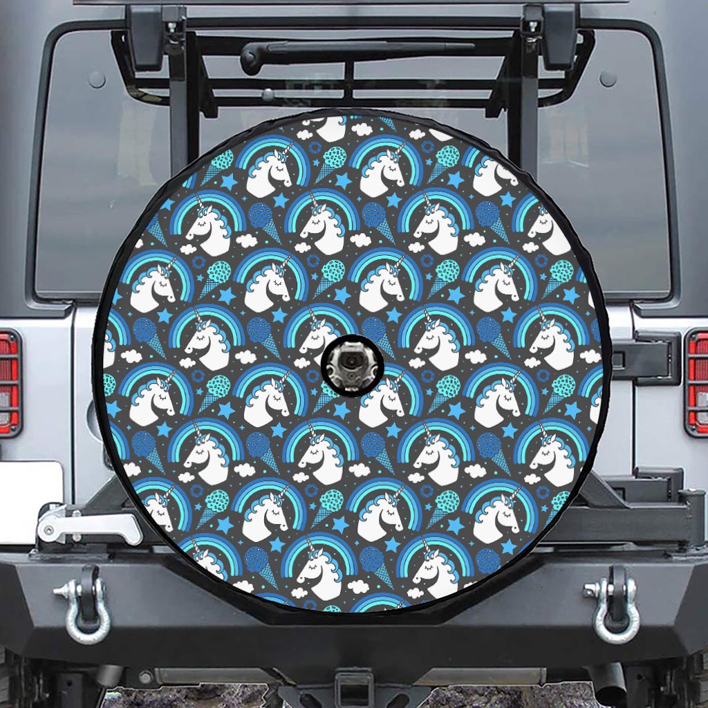 Blue Rainbow Unicorn Pattern Print Tire Cover With Camera Hole