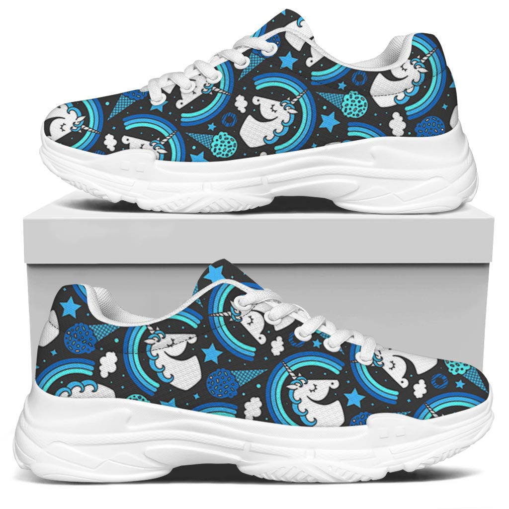 Blue Rainbow Unicorn Pattern Print White Chunky Shoes