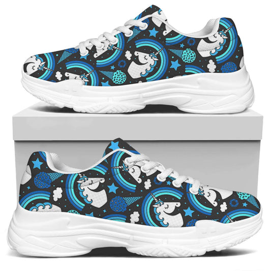 Blue Rainbow Unicorn Pattern Print White Chunky Shoes