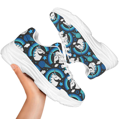 Blue Rainbow Unicorn Pattern Print White Chunky Shoes