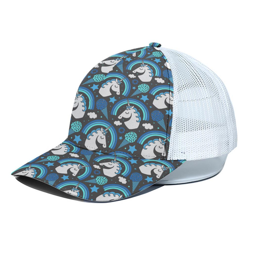 Blue Rainbow Unicorn Pattern Print White Mesh Trucker Cap