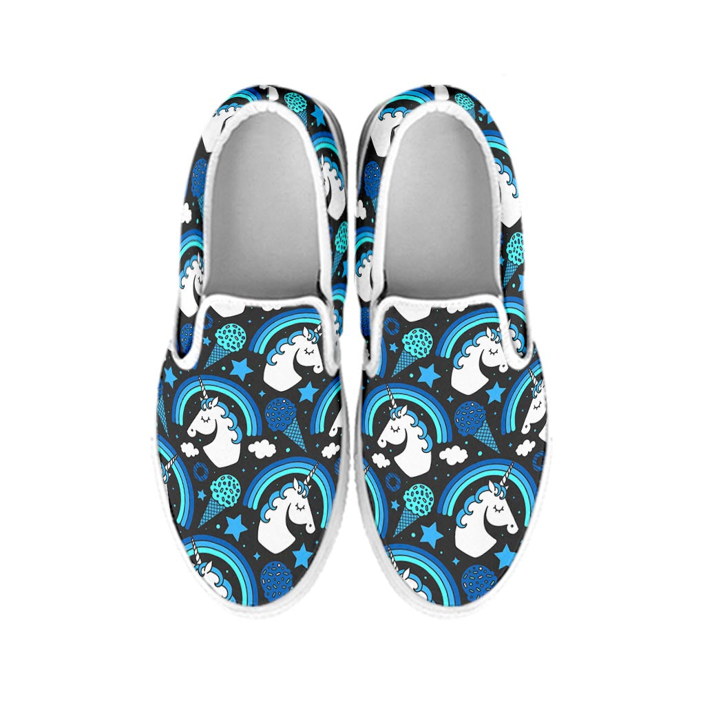 Blue Rainbow Unicorn Pattern Print White Slip On Sneakers