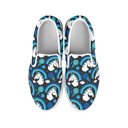 Blue Rainbow Unicorn Pattern Print White Slip On Sneakers