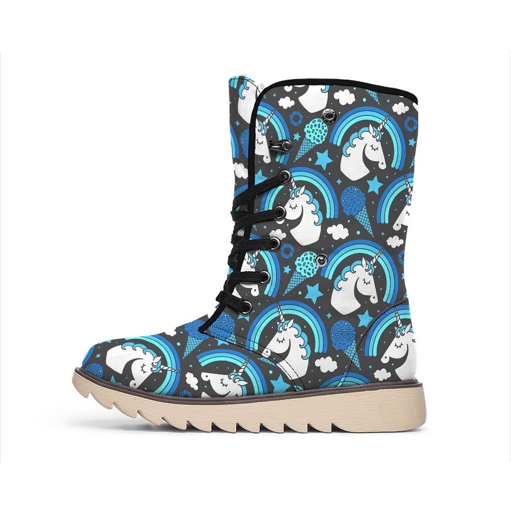 Blue Rainbow Unicorn Pattern Print Winter Boots