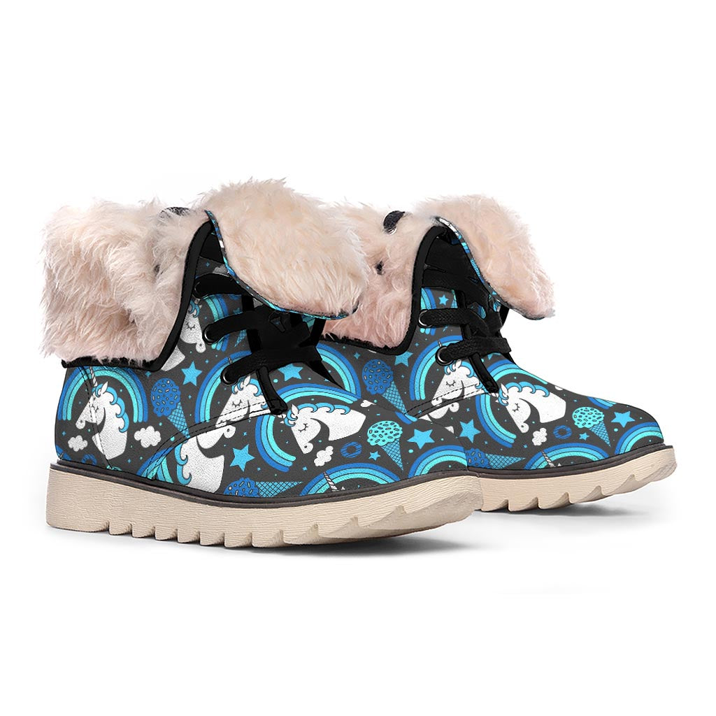 Blue Rainbow Unicorn Pattern Print Winter Boots