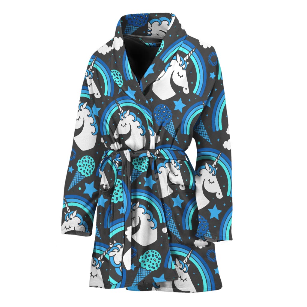 Blue Rainbow Unicorn Pattern Print Women's Bathrobe