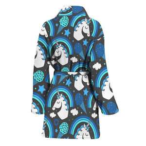 Blue Rainbow Unicorn Pattern Print Women's Bathrobe