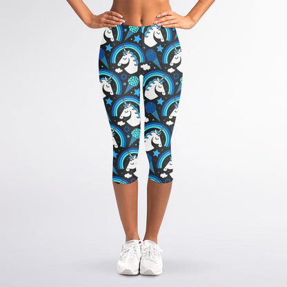 Blue Rainbow Unicorn Pattern Print Women's Capri Leggings