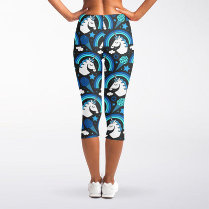 Blue Rainbow Unicorn Pattern Print Women's Capri Leggings