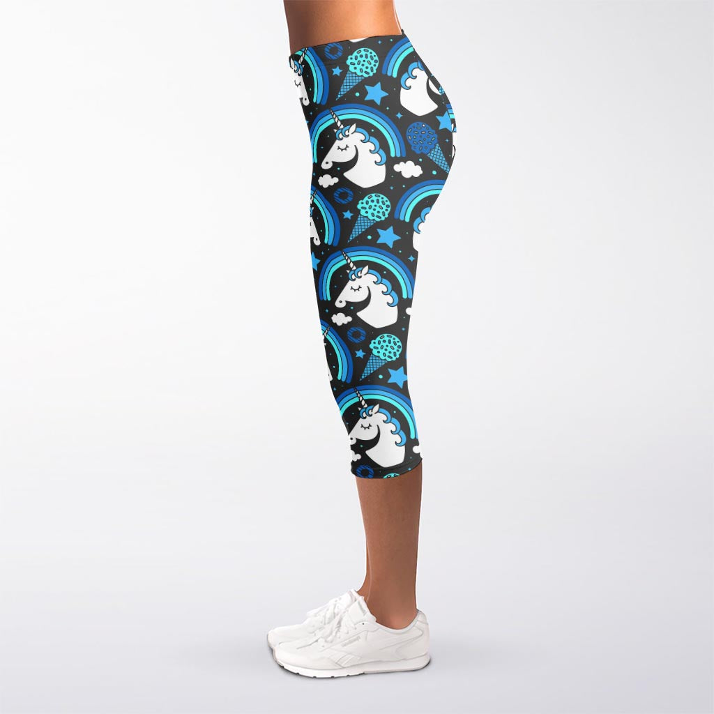 Blue Rainbow Unicorn Pattern Print Women's Capri Leggings
