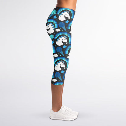 Blue Rainbow Unicorn Pattern Print Women's Capri Leggings