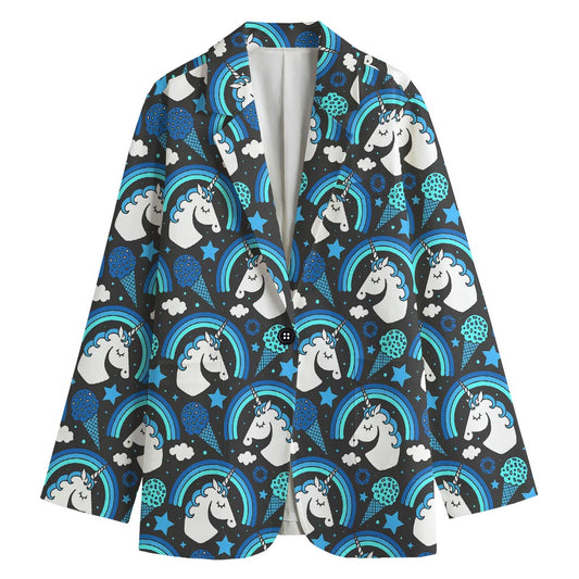 Blue Rainbow Unicorn Pattern Print Women's Cotton Blazer