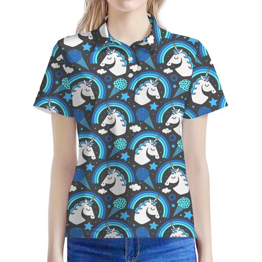 Blue Rainbow Unicorn Pattern Print Women's Polo Shirt