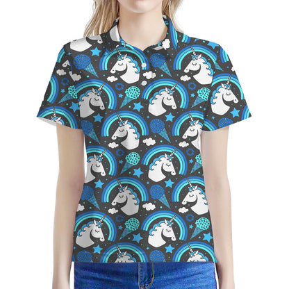 Blue Rainbow Unicorn Pattern Print Women's Polo Shirt