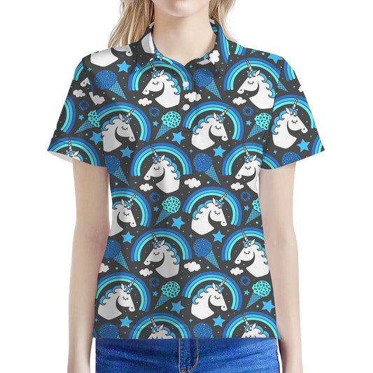 Blue Rainbow Unicorn Pattern Print Women's Polo Shirt