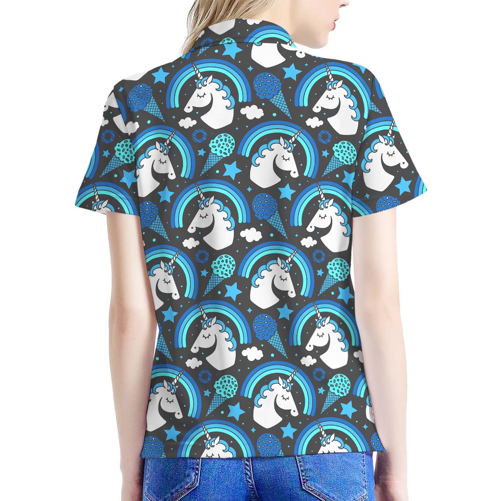 Blue Rainbow Unicorn Pattern Print Women's Polo Shirt