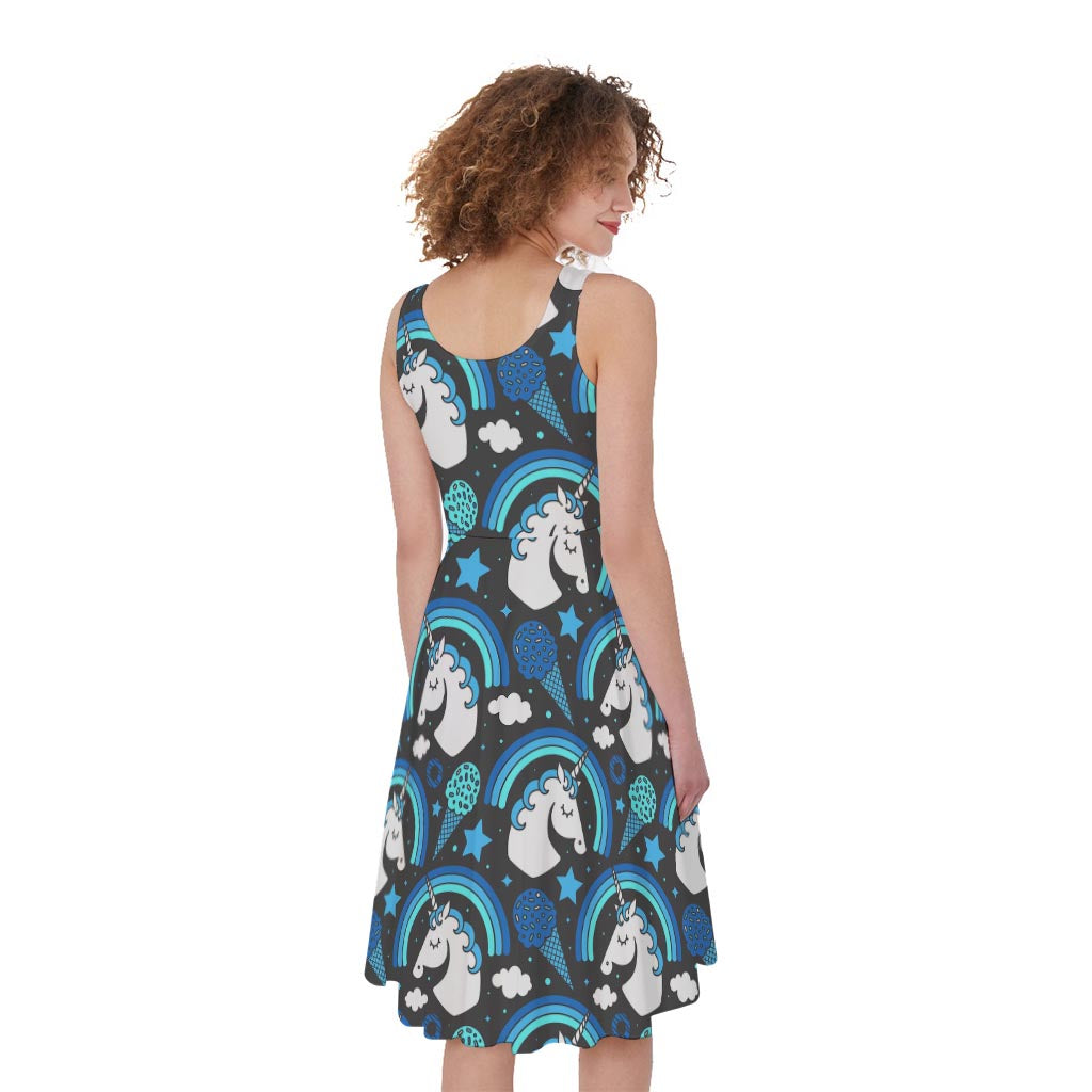 Blue Rainbow Unicorn Pattern Print Women's Sleeveless Dress